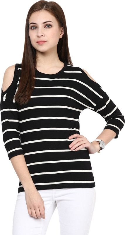 Women Striped High Neck Pure Cotton Black T-Shirt