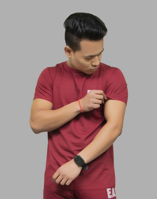 Men Self Design Round Neck Poly Cotton Red T-Shirt
