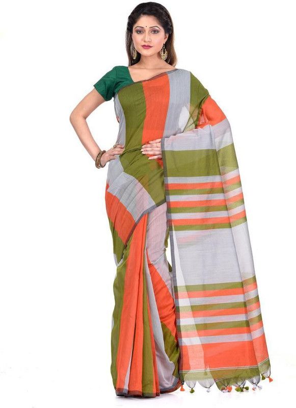 Graphic Print Daily Wear Cotton Blend Saree  (Orange)