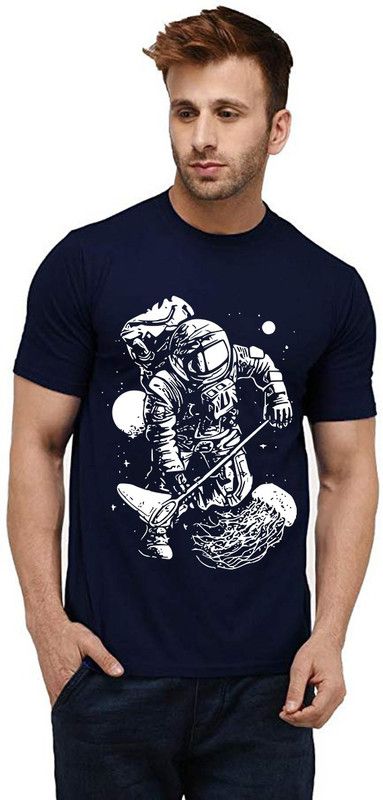 Astronaut Catching Jellyfish Men Printed Round Neck Pure Cotton Dark Blue T-Shirt
