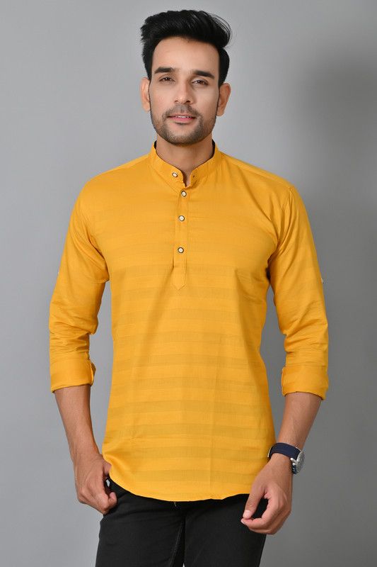 Men Self Design Kurta  (Yellow)
