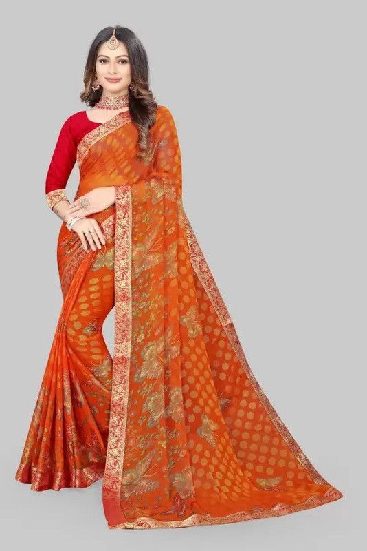 Geometric Print Bollywood Chiffon, Brasso Saree  (Orange)