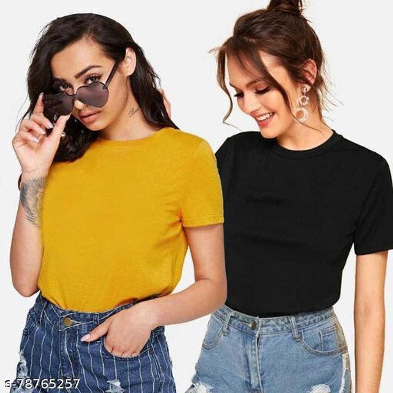 Pack of 2 Women Solid Round Neck Cotton Blend Black, Yellow T-Shirt