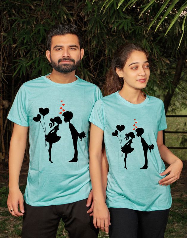 Pack of 2 Couple Graphic Print Round Neck Cotton Blend Light Blue T-Shirt