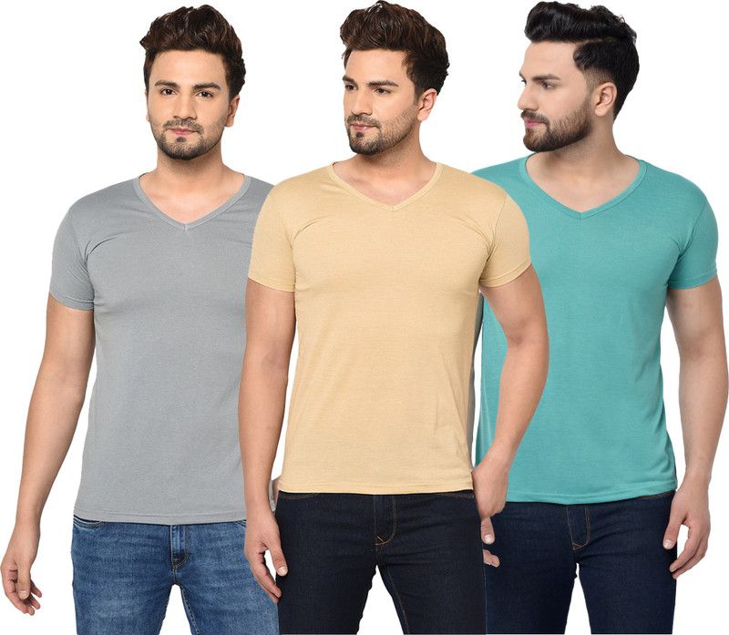 Pack of 3 V neck Combo T-shirts Multicolor Men Solid V Neck Cotton Blend Green, Grey, Beige T-Shirt