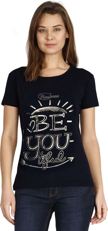 Women's Chest Printed Foil Printed Gold Women Typography Round Neck Cotton Blend Black T-Shirt