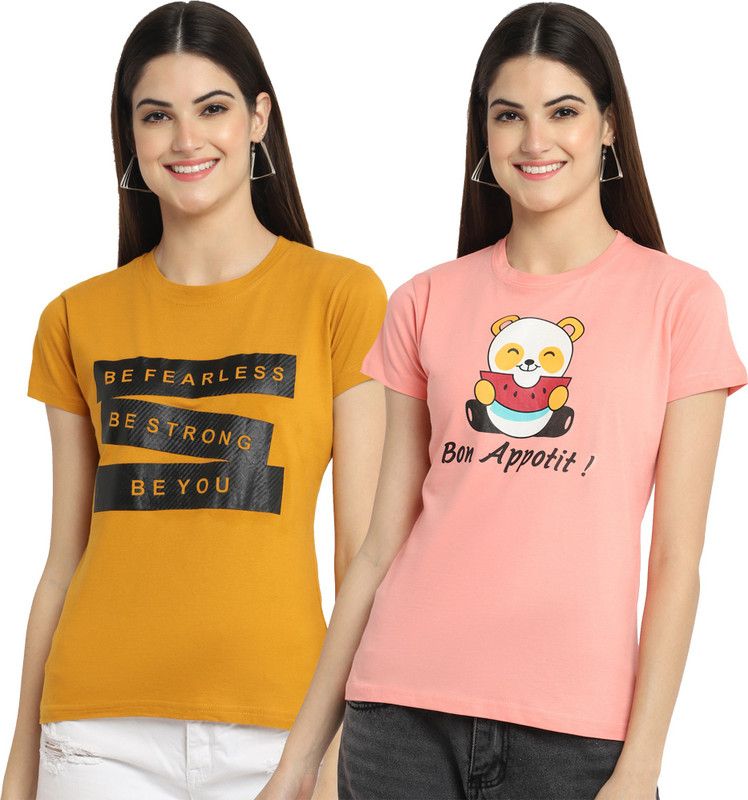 Pack of 2 Women Typography Round Neck Pure Cotton Pink, Yellow T-Shirt