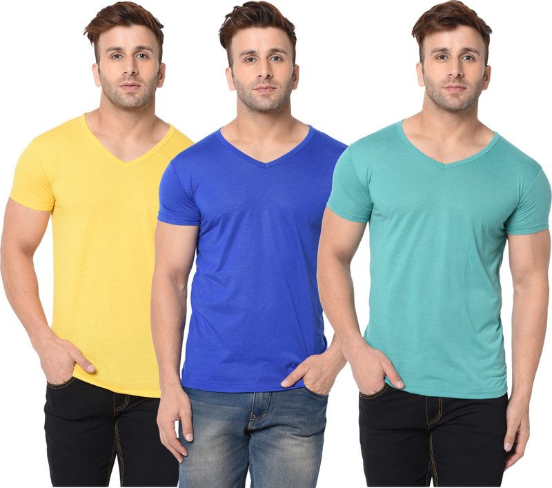 Pack of 3 Men Solid V Neck Cotton Blend Blue, Yellow, Light Green T-Shirt
