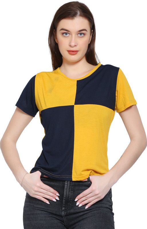 Women Colorblock Round Neck Cotton Blend Black, Yellow T-Shirt