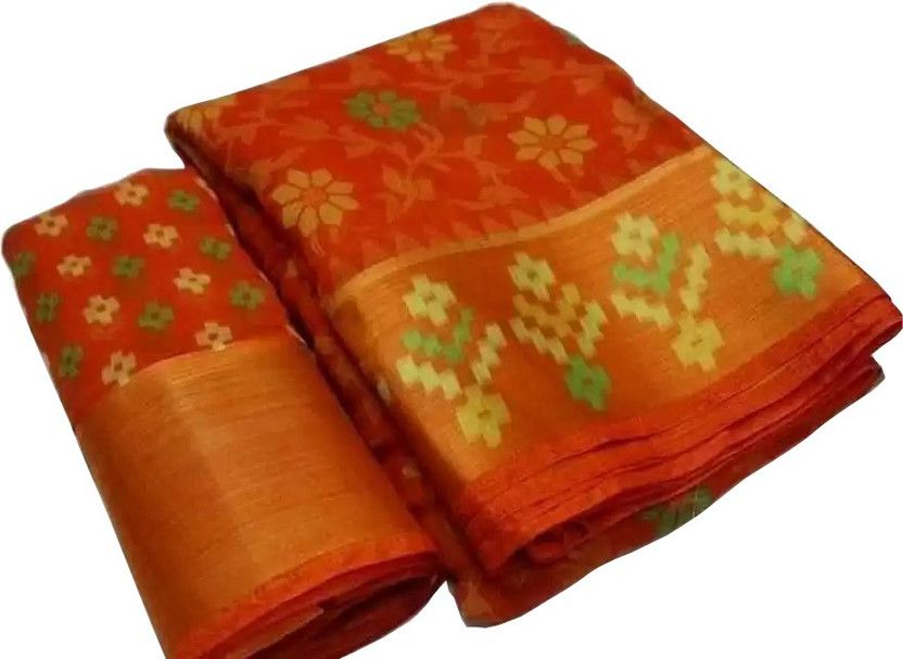 Floral Print Patola Cotton Blend Saree  (Orange)