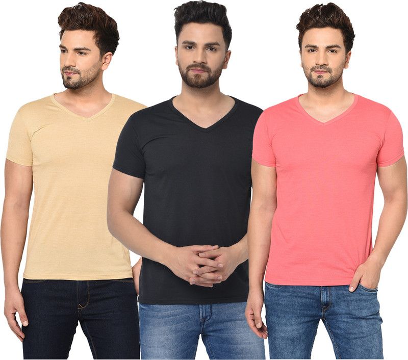 Pack of 3 V neck Combo T-shirts Multicolor Men Solid V Neck Cotton Blend Black, Pink, Beige T-Shirt