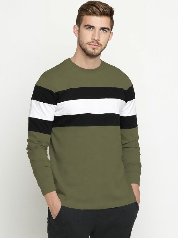 Men Colorblock Round Neck Pure Cotton Green, White, Black T-Shirt
