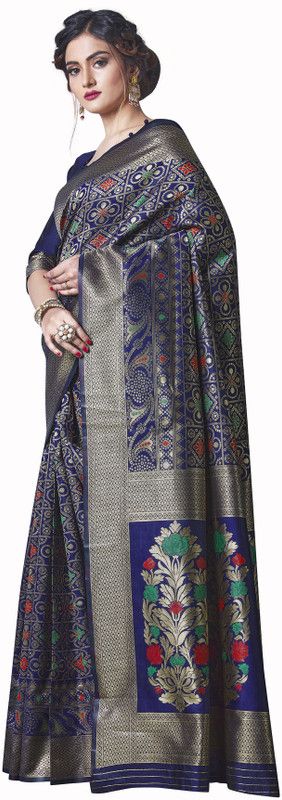 Printed Patola Jacquard Saree  (Dark Blue)