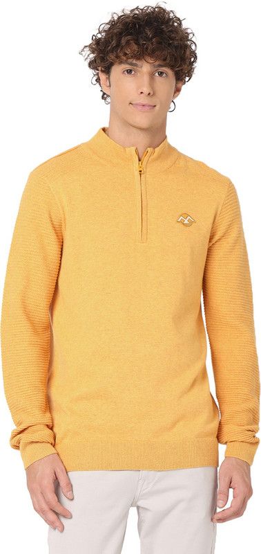 Men Solid High Neck Yellow Sweater