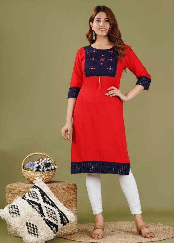 Women Kurta  (Red, Blue)