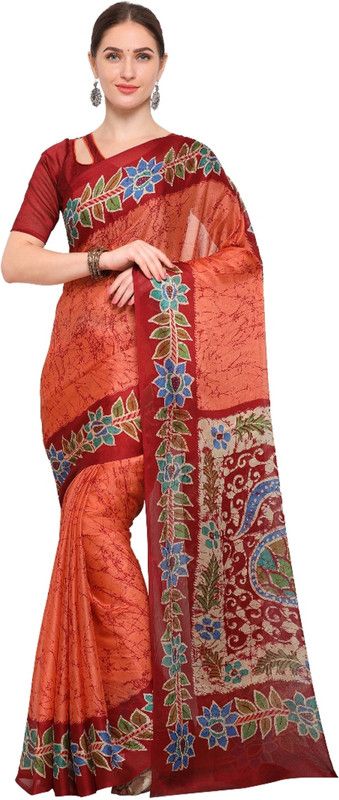 Printed Hand Batik Chiffon Saree  (Orange, Red)