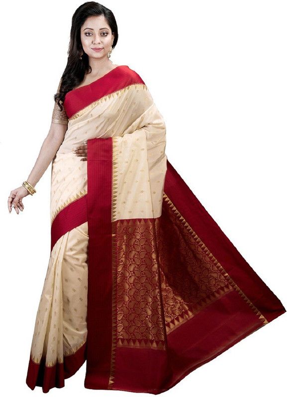 Self Design, Paisley, Embroidered, Woven, Embellished, Applique, Solid/Plain Garad Handloom Tussar Silk, Art Silk Saree  (Red, White, Gold)