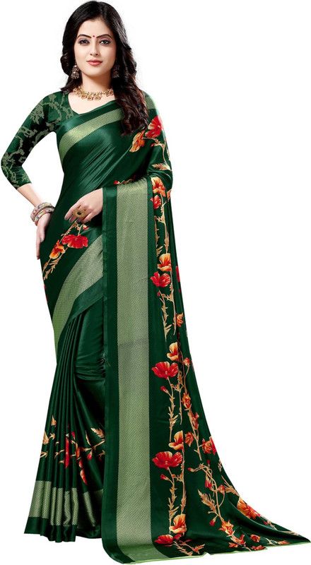Printed, Floral Print Bollywood Crepe, Satin Saree  (Dark Green)