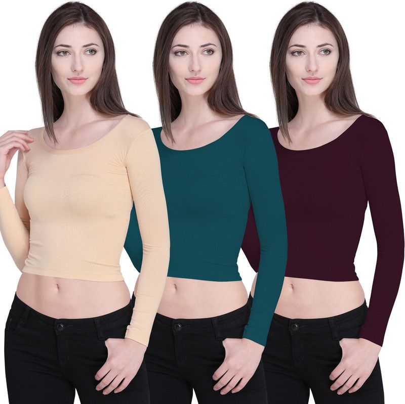 Pack of 3 Casual Regular Sleeves Solid Women Green, Brown, Beige Top