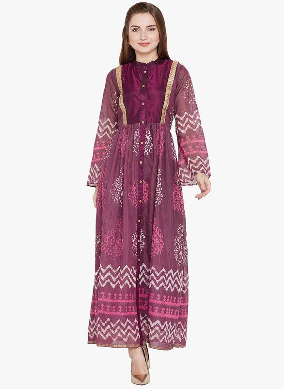 Women Block Print Chanderi A-line Kurta  (Purple)