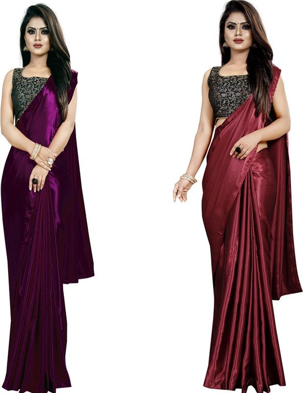Solid/Plain Bollywood Satin Saree  (Pack of 2, Purple, Maroon)