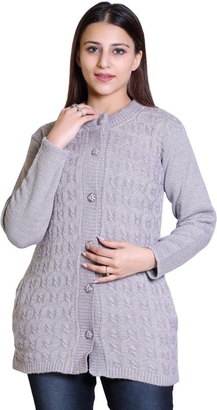 Women Self Design Round Neck Grey Sweater