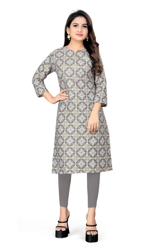 Women Block Print Cotton Linen A-line Kurta  (Grey)