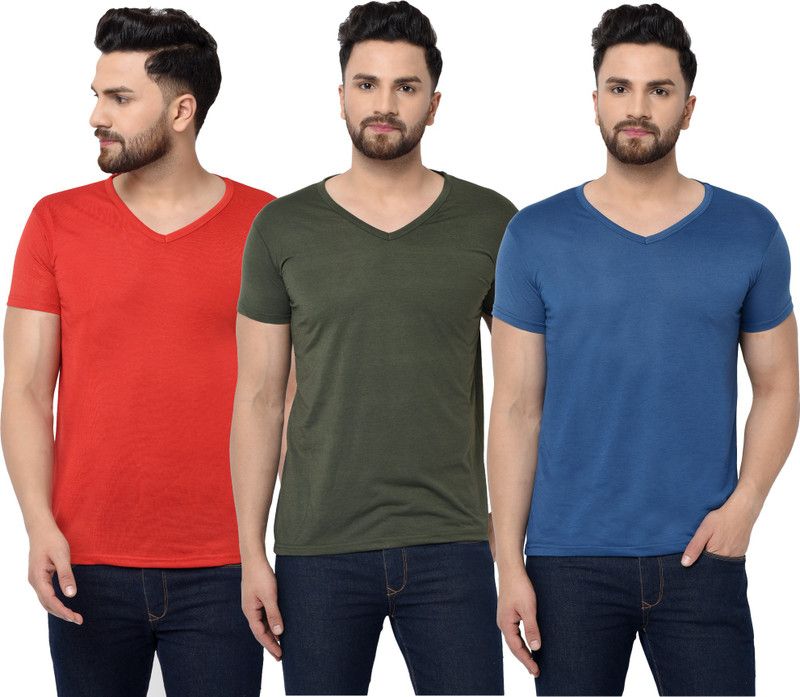 Pack of 3 V neck Combo T-shirts Multicolor Men Solid V Neck Cotton Blend Dark Green, Red, Blue T-Shirt