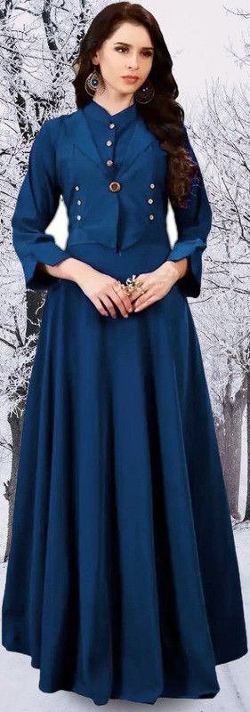 Applique Silk Blend Stitched Flared/A-line Gown  (Dark Blue)