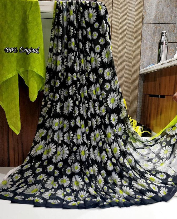 Printed, Applique, Animal Print, Floral Print, Graphic Print, Polka Print, Blocked Printed Pochampally Georgette, Chiffon Saree  (Pack of 2, Black, Light Green)