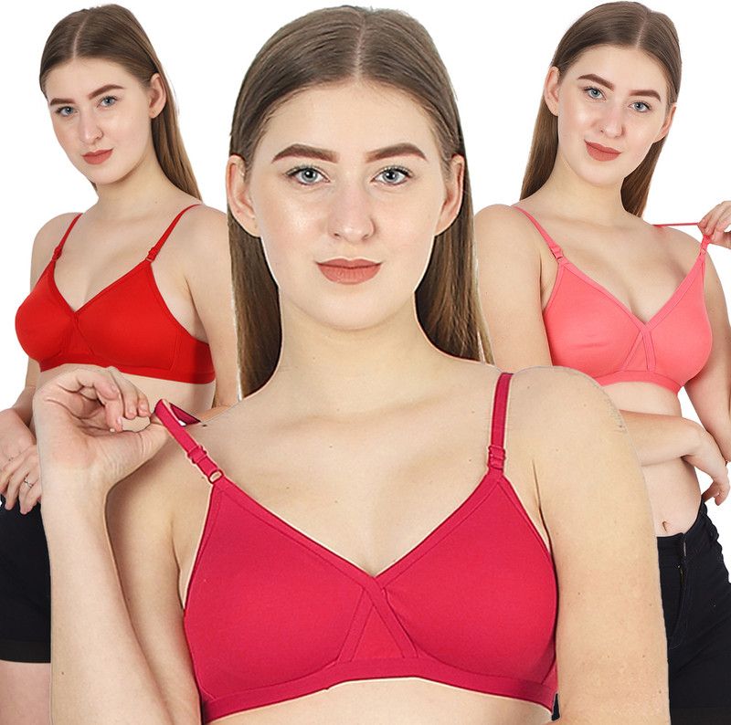 Pack of 3 Women Full Coverage Non Padded Bra  (Red, Pink, Orange)