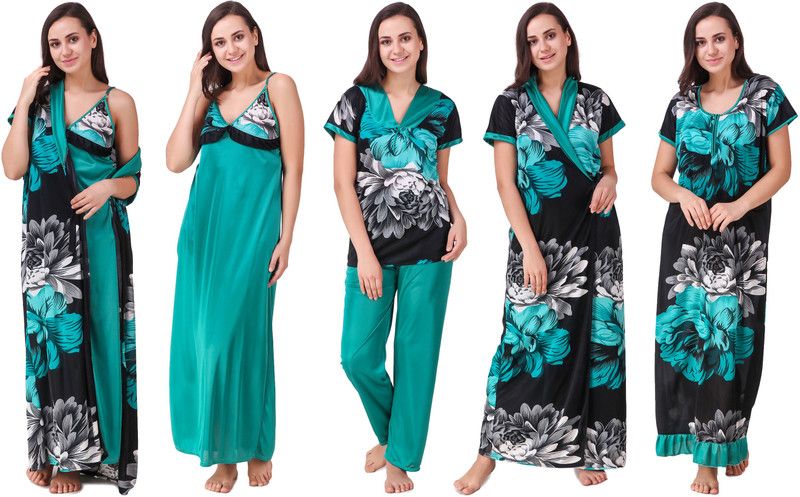 Pack of 5 Women Nighty Set  (Green, Black)