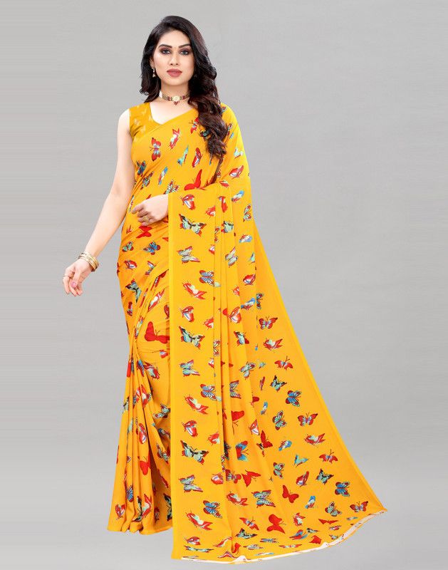 Geometric Print, Printed, Embellished Bollywood Georgette Saree  (Yellow)