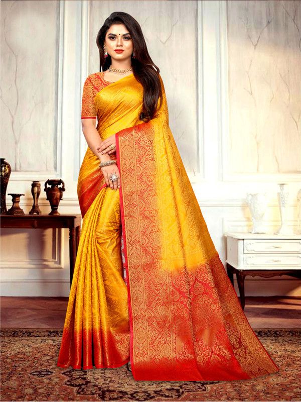 Woven Leheria Nylon, Art Silk Saree  (Yellow)