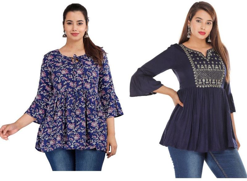 Pack of 2 Casual Bell Sleeves Embroidered, Floral Print Women Blue Top