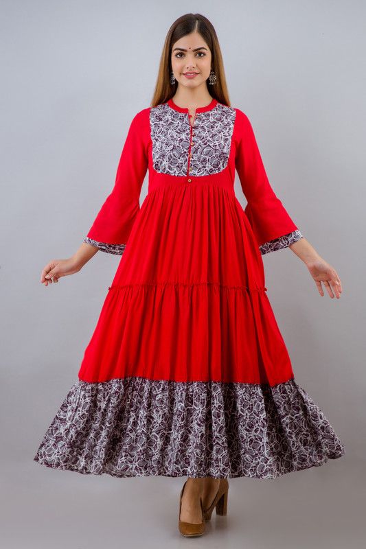 Women Printed Viscose Rayon Ethnic Dress  (Red)