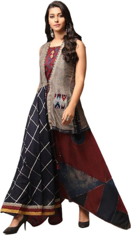 Viscose Rayon Semi Stitched Anarkali Gown  (Black, Maroon)