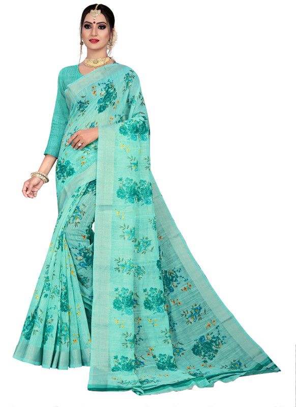 Floral Print Bollywood Cotton Linen Saree  (Light Green)