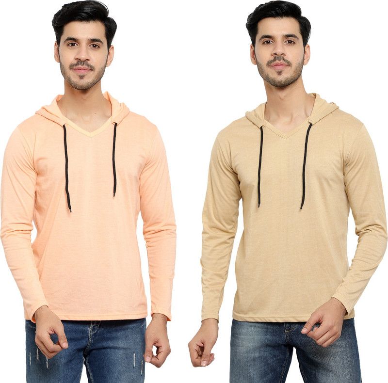 Pack of 2 Men Solid Hooded Neck Cotton Blend Beige T-Shirt