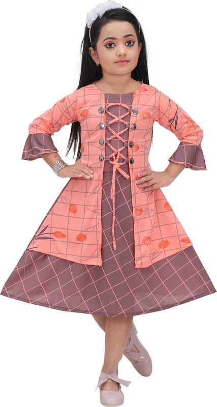 Girls Calf Length Casual Dress  (Orange, 3/4 Sleeve)