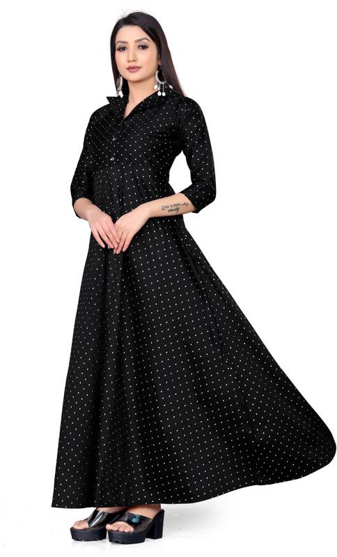 Cotton Silk Stitched Flared/A-line Gown  (Black)