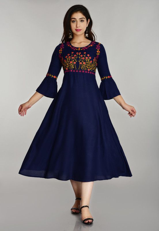 Rayon Blend Stitched Anarkali Gown  (Dark Blue)