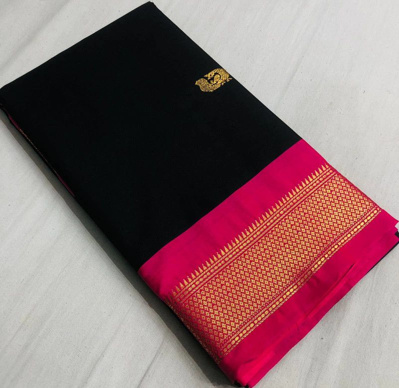 Paithani Handloom Cotton Silk Saree  (Black)