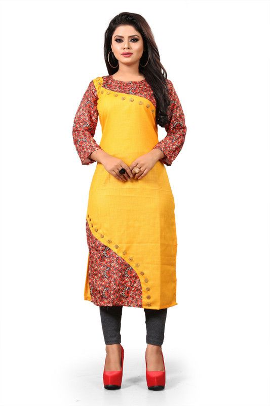 Women Self Design Cotton Rayon A-line Kurta  (Yellow)