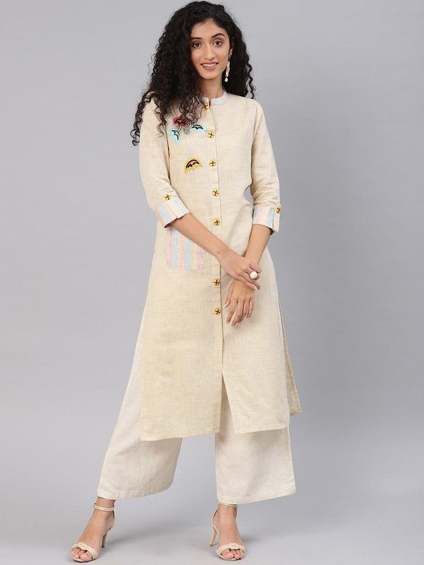 Women Embroidered Cotton Linen A-line Kurta  (Beige)
