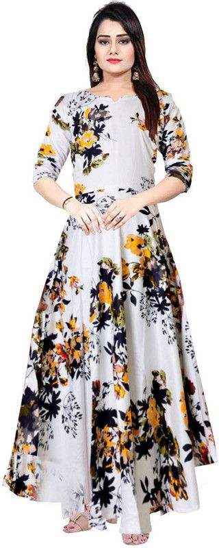 Printed Rayon Blend Stitched Anarkali Gown  (White, Yellow)