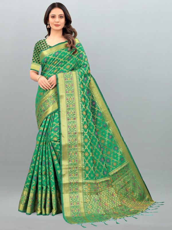 Embellished, Woven Banarasi Cotton Blend, Art Silk Saree  (Green)