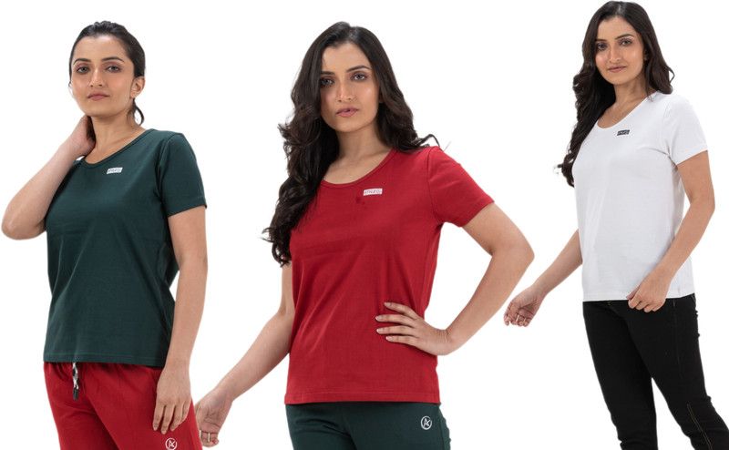Pack of 3 Women Solid Round Neck Pure Cotton Green, Red, White T-Shirt