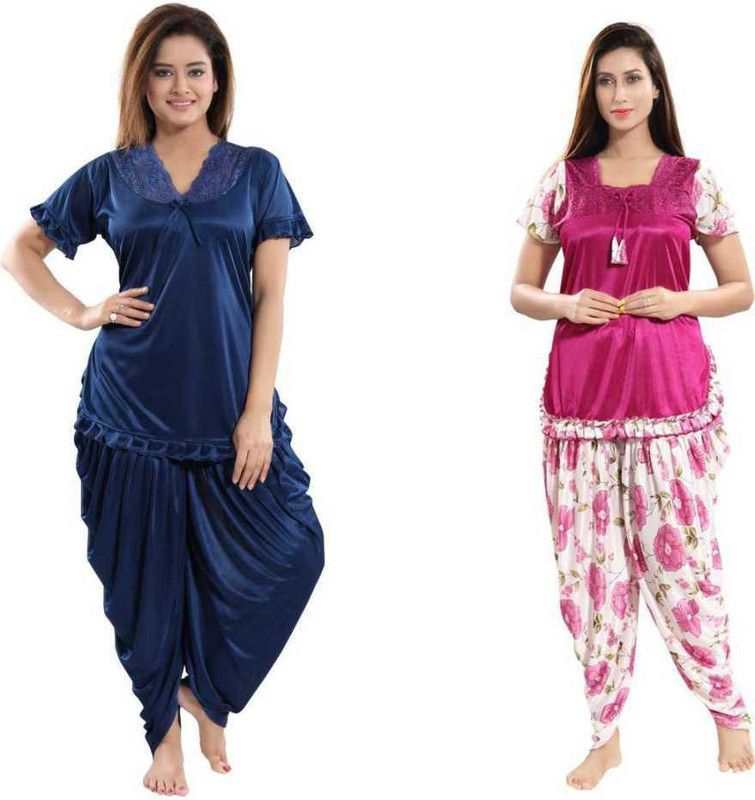 Women Night Suit Set Pink, Dark Blue Solid, Printed