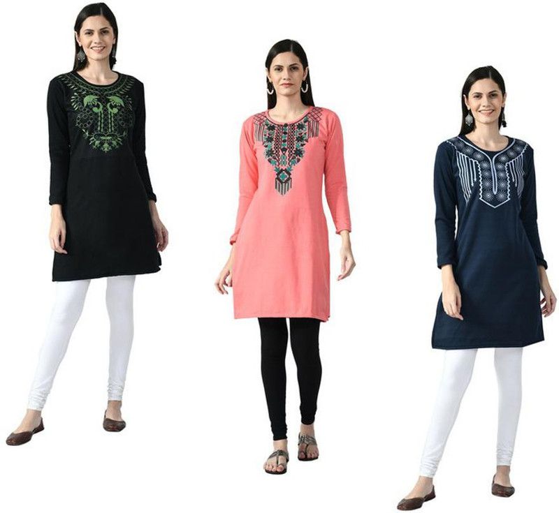 Pack of 3 Women Printed Wool Straight Kurta  (Dark Blue, Red, Black)